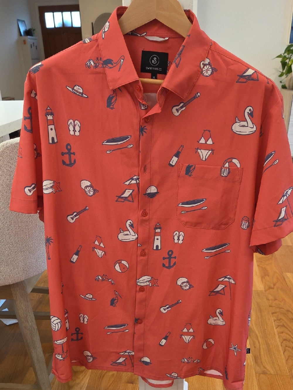 Swannies Golf Men's Festive Short-Sleeve Button-Down Shirt in Coral Red (XL)